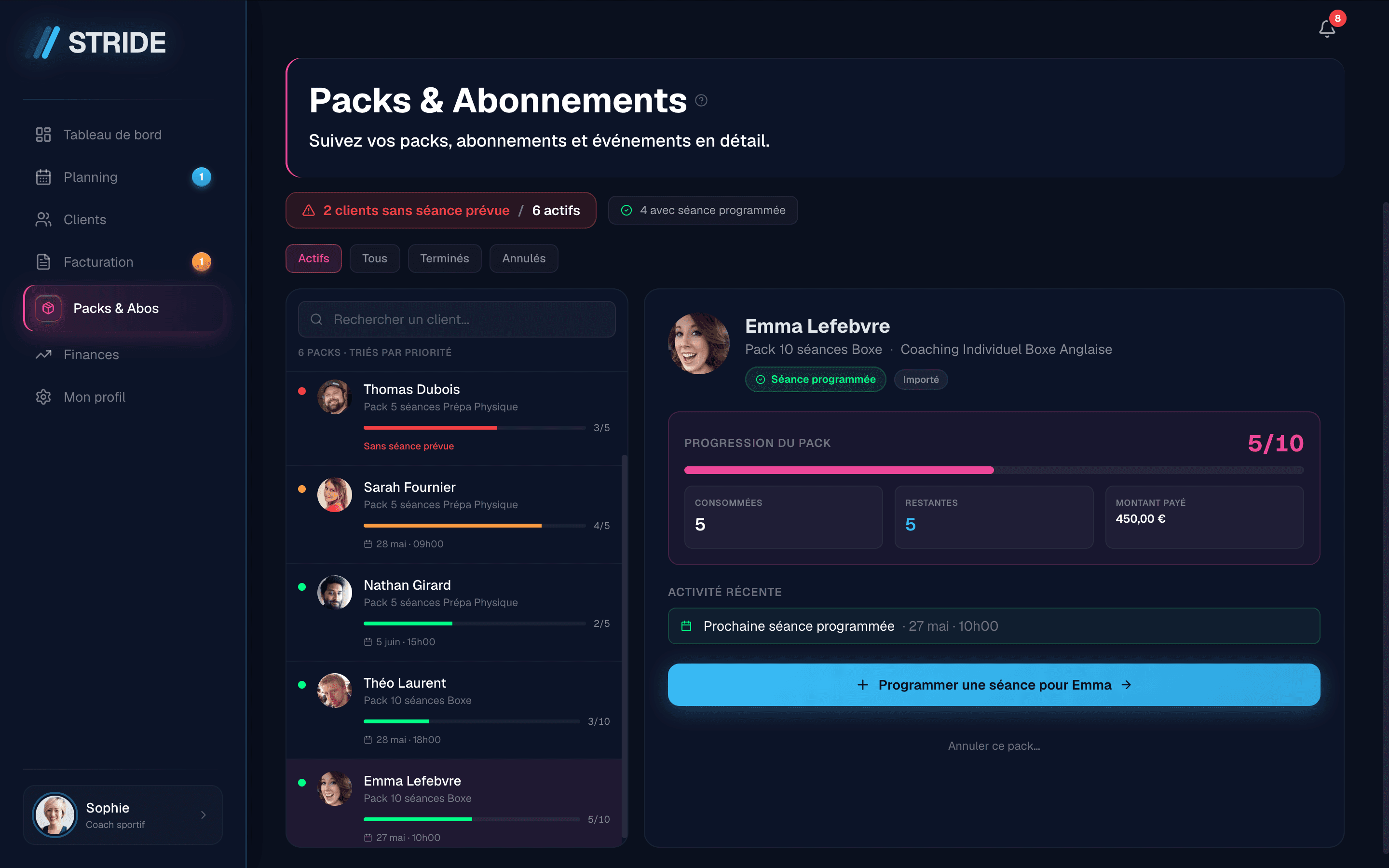 Vue gestion des packs avec progression