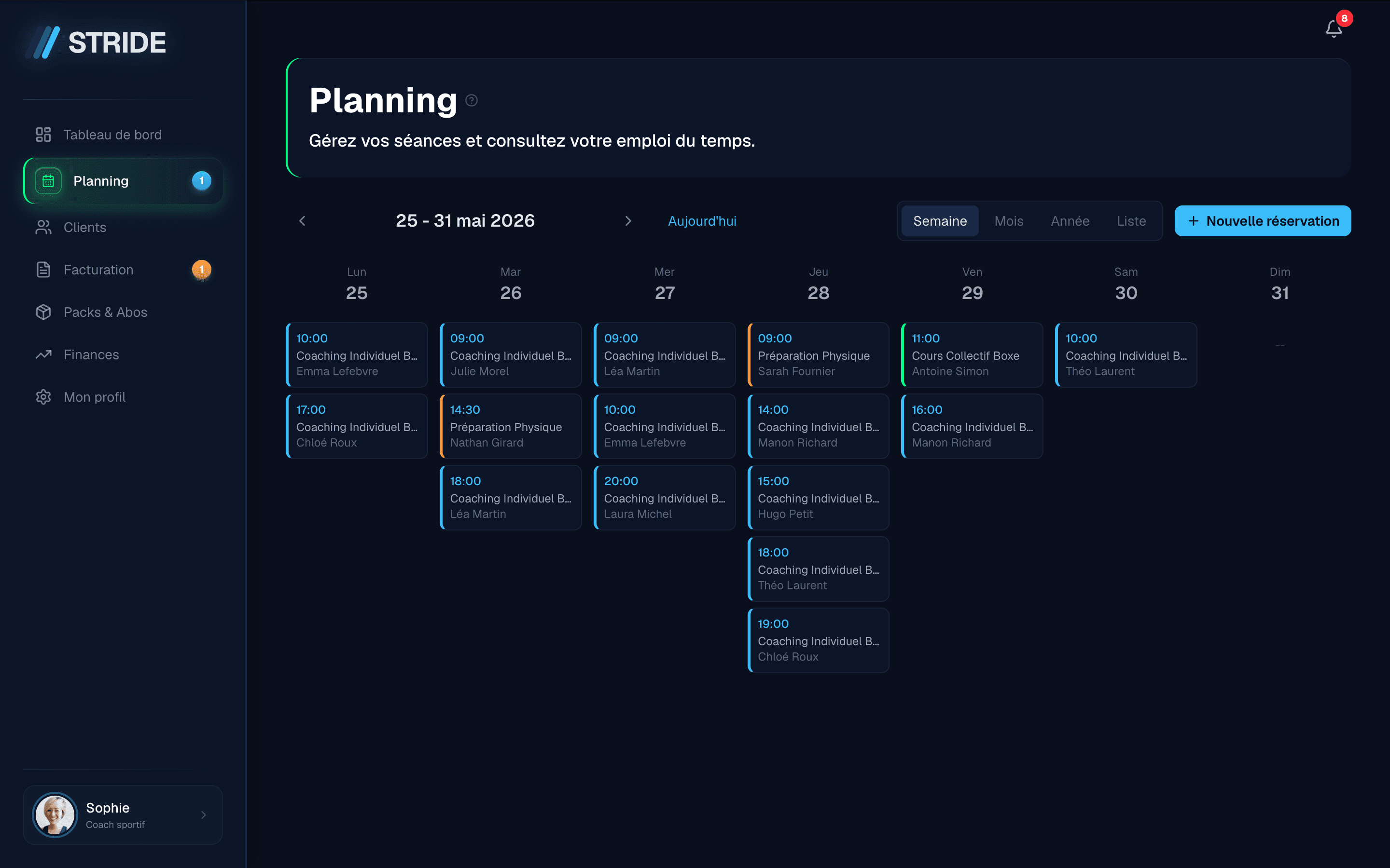 Vue planning hebdomadaire avec séances colorées